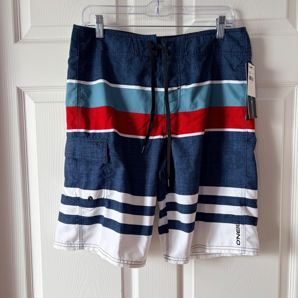 ONeill Mens Halfmoon Board Shorts‎ Navy Blue Red White Striped Size 31 45106013